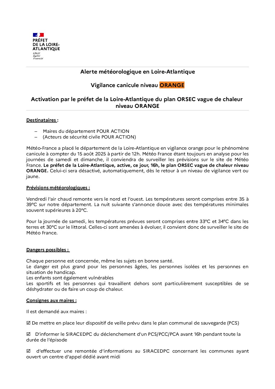 Vigilance canicule niveau orange le 15 août